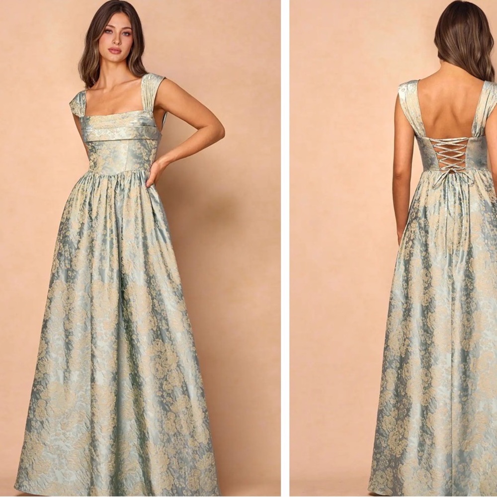 Azazie Blue and Cream Floral Prom Dress